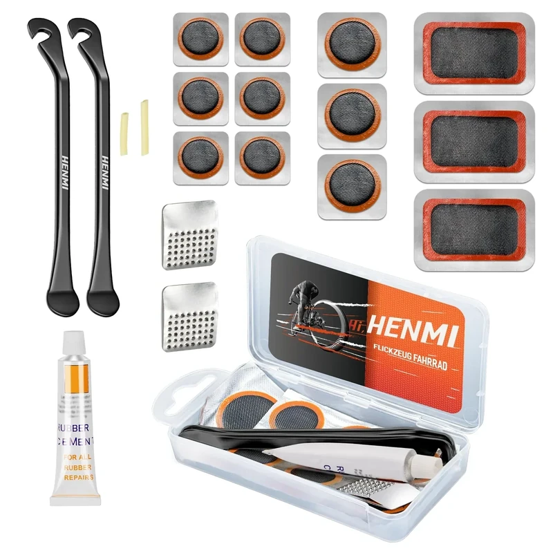 HENMI Flickzeug Fahrrad Reparaturset, Fahrrad Reifenheber, Tragbar Fahrrad Flickset, Fahrradreifen Reparaturset mit Reifenreparaturkleber, Patch, Kompatibel mit Allen Fahrradschläuchen 2024