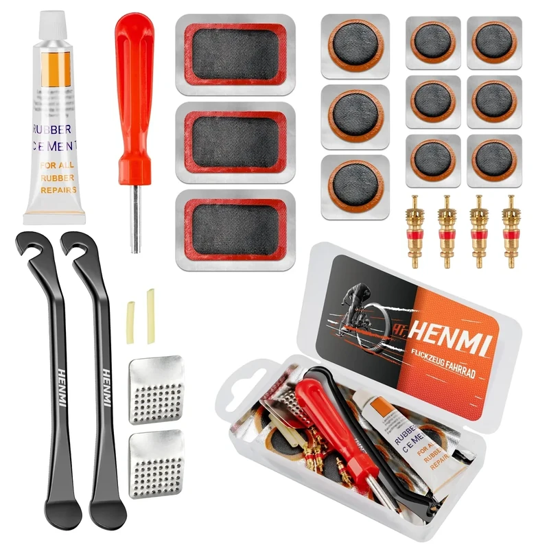 HENMI Fahrrad Flickzeug Set, Tragbar Flickset Fahrradreifen mit Reifenreparaturkleber, Patch, Metall Reifenheber, Ventilschlüssel, Ventileinsatz Kompatibel mit Allen Fahrradschläuchen 2024