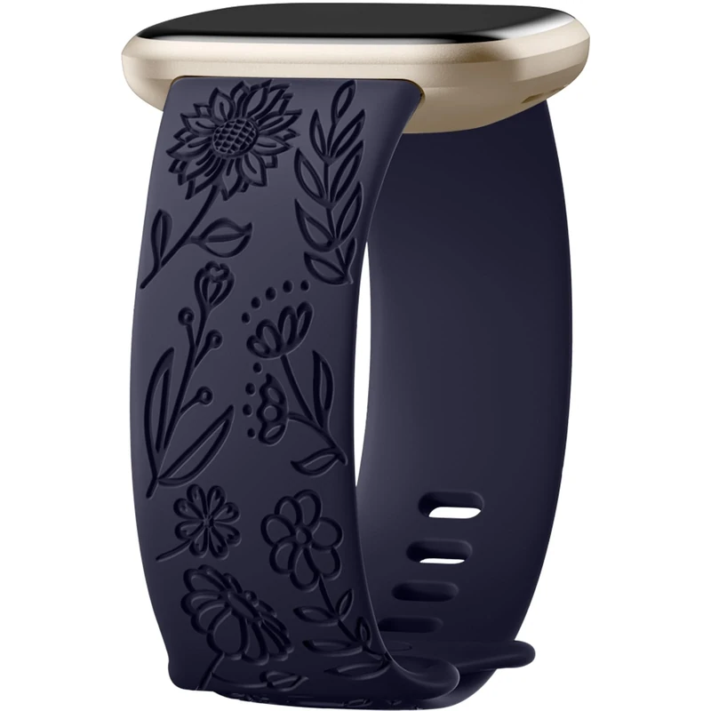 Oielai Sonnenblume Gravierte Armband Kompatibel mit Fitbit Versa 3/Fitbit Versa 4/Fitbit Sense/Fitbit Sense 2 Armband Damen, Weich Silikon Ersatzarmband für Versa 3/Versa 4/Sense 2/Sense, G Dunkelblau