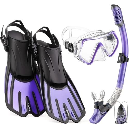 CAPAS Schnorchelmaskenflossen-Set, Reisegröße, Schnorchelausrüstung für Erwachsene mit kurzen verstellbaren Schwimmflossen, kommt mit einer Tragetasche (Lila-Schwarz, L/XL (US Herren 9-13 / Damen 10