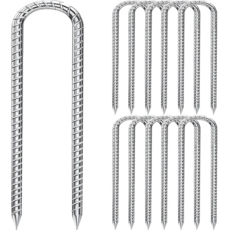 Fondlife Bodenanker,30cm Bodenpfähle,Verzinkter Stahl Bodenanker Trampolin,Bewehrungsstab Zeltheringe,Garten Pfähle,Camping Zelt Heringe. (Silber U, 14 Stück)