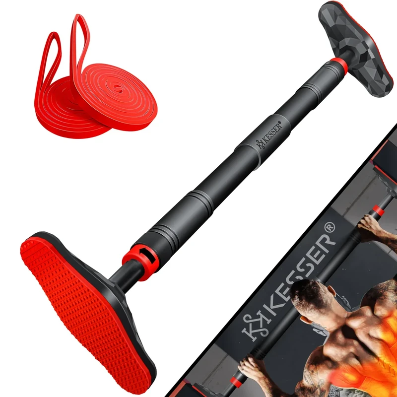 KESSER® Klimmzugstange Türrahmen verstellbar, Pull Up Bar Heimturnhalle, Reckstange ohne Schrauben/Bohren, 68-106 cm Ausziehbar, Tragfähigkeit bis zu 300Kg & rutschfeste Griffe, inkl. Resistenzbänder