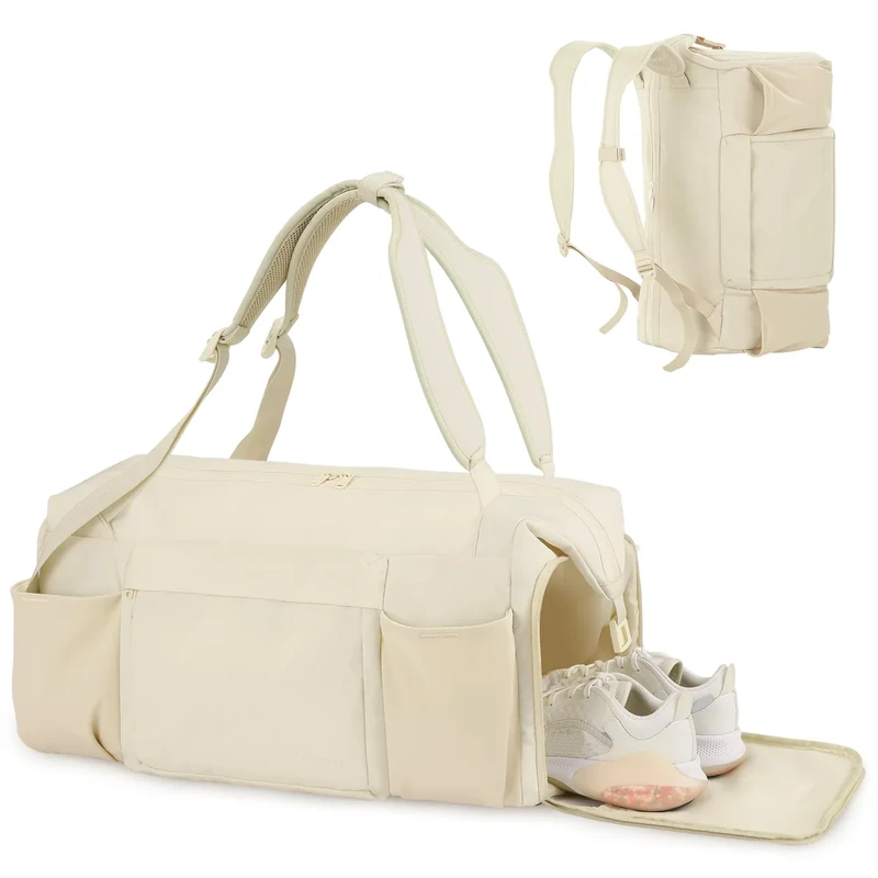 kookoomia Sporttasche Reisetasche Herren Damen 45L Sporttaschen Rucksack mit Schuhfach Nassfach Wasserdicht Gym Bag Sport Tasche Trainingstasche Fitness für Sport Reisen Schwimme Weekender-Beige