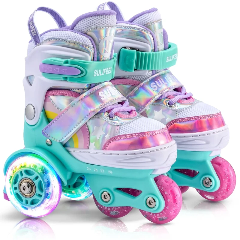 SULIFEEL Rainbow Unicorn Verstellbare Rollschuhe für Kinder mit Leuchtenden Rädern für Mädchen und Jungen