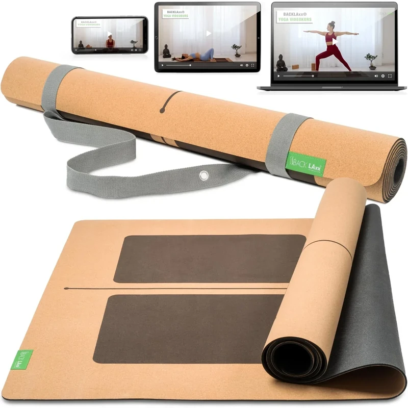 BACKLAXX ® Yogamatte Kork XXL [50% mehr Fläche] mit Naturkautschuk | Yoga-Matte rutschfest | nachhaltige Yogamatten | Fitnessmatte mit Anti-Rutsch-Zonen | inkl. Tragegurt (KLARHEIT - XL) - Image 1