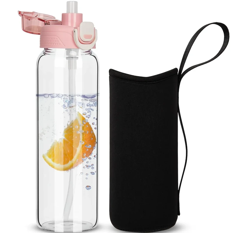 DEARRAY 0.8l Trinkflasche Glas Flasche mit Strohhalm 800ml Glasflasche mit Schutzhülle, Auslaufsicher BPA frei Wasserflasche für Sport, Smoothie, Früchte Kohlensäure geeignet
