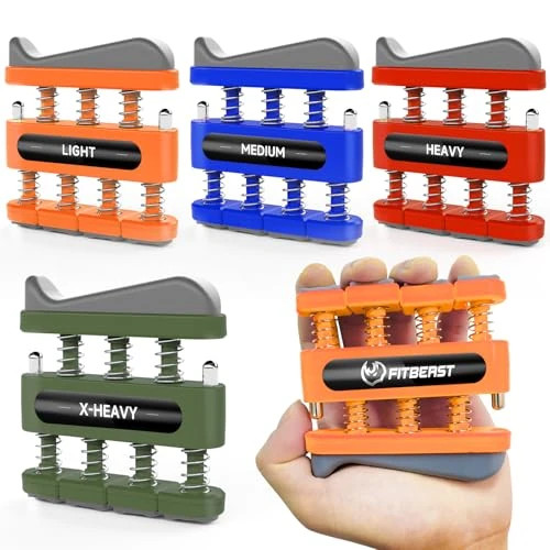 FitBeast Fingerkrafttrainer, Fingerübungsgerät zur Verbesserung der Geschicklichkeit und Kraft den Fingern – Griffkrafttrainer für Musiker Kletterer (4-teiliges Set: Orange, Blau, Rot, Olivgrün)