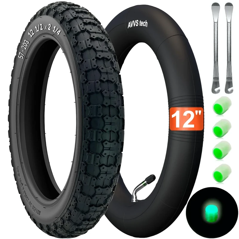 12 1/2 x 2 1/4 (57-203) Reifen mit Profil A-1021 inkl. Schlauch mit Edelstahl-Winkelventil 45° AV – Inkl. 2 Montierhebel – Kompatibel mit 12-Zoll-Rädern Kinderwagen, Kinderfahrrad, Tretfahrzeuge - Image 1