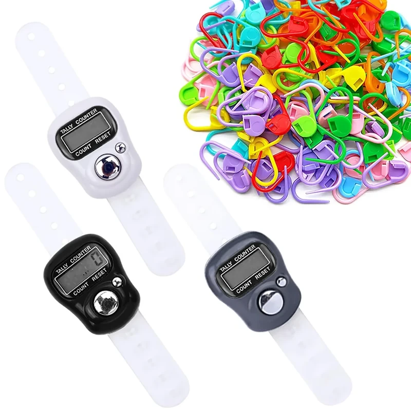 3 Stück Elektronische Fingerzähler,Mini Handzählzähler,Reihenzähler mit LED Rücksetzbare Digitale Fingerzähler,Finger Rundenzähler mit Handring und 50 Maschenmarkierer für Golf Runde Zählen Stricken - Image 1