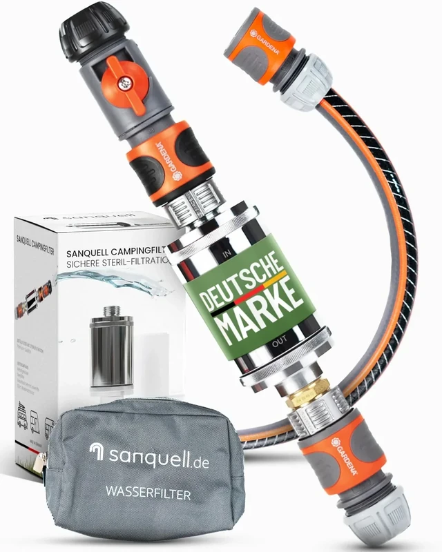 Wasserfilter Camping Wohnmobil, Wohnwagen Explorer | Keimsperre | Medizintechnik | Sauberes Trinkwasser unterwegs | Befüllfilter für Frischwassertank | Komplettset | bis 8 Liter/Minute | Silber