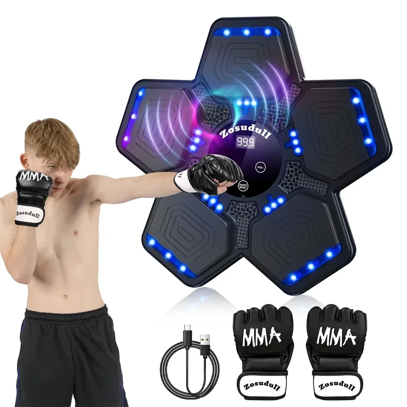 Zosudull Music Boxing Machine, Intelligente Musik Boxmaschine mit LED-Licht,Bluetooth Boxgerät für Kinder/Erwachsene,Wandmontiertes Boxziel mit Boxhandschuhen,Geschwindigkeitseinstellung,Zählmodus (S)