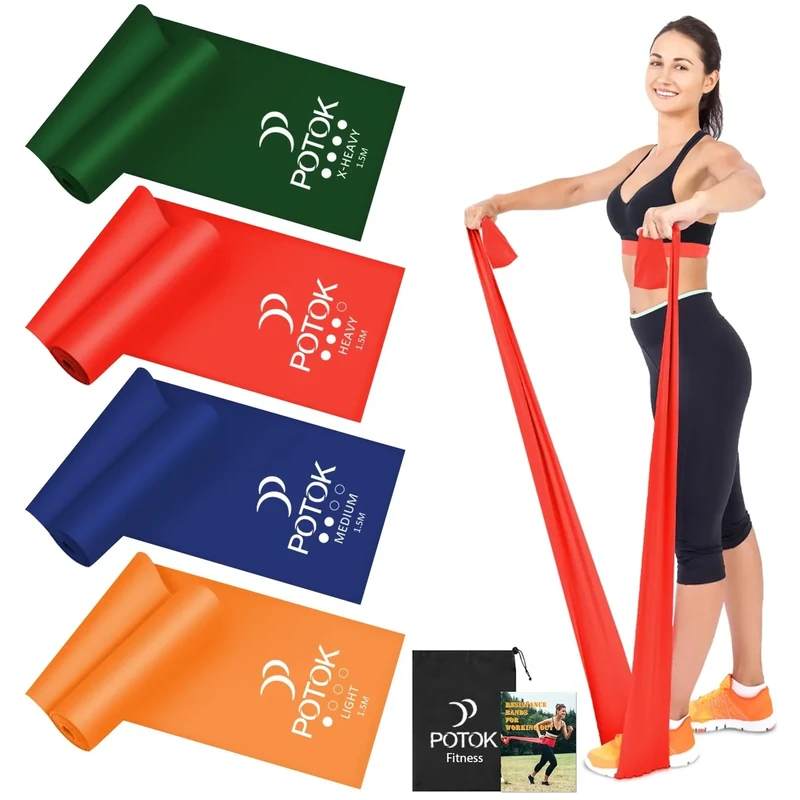 4er-Set Fitnessbänder mit 4 Widerstandsstufen, 1.5M Resistance Bands Gymnastikband mit Tragetasche Ideal für Yoga, Pilates, Krafttraining, Physiotherapie