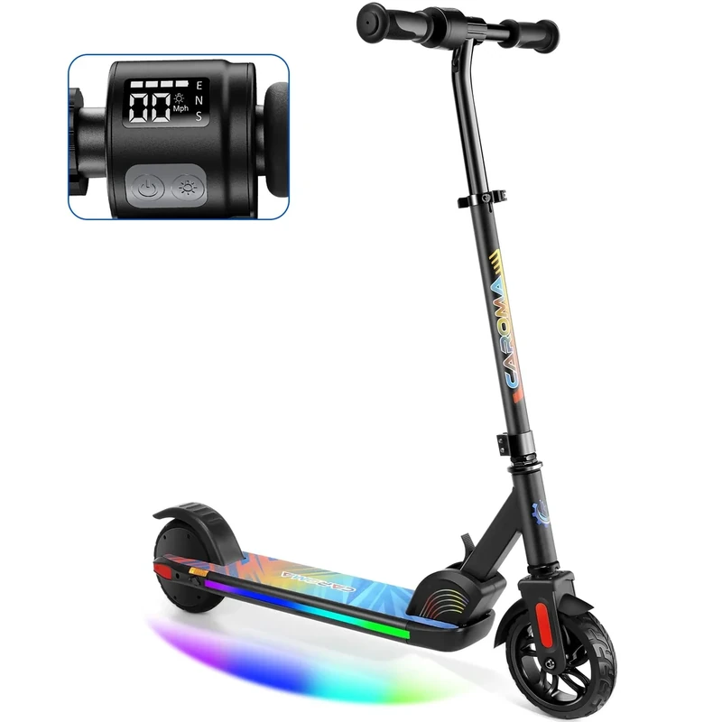 Caroma Elektroroller für Kinder von 8-12 Jahren, 150W Motor, 16 km/h, 60 min Fahrzeit, Einstellbare Geschwindigkeit & Höhe, Bunte Lichter, LED Display, Faltbarer Kinder Elektroscooter