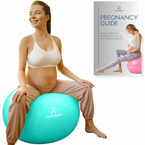 ProBody Pilates Schwangerschaftsball - Yoga-Ball für die Schwangerschaft mit Buch, pränatal, Wehen & postnatale Mutterschaftsübung (Aqua, 65 cm)