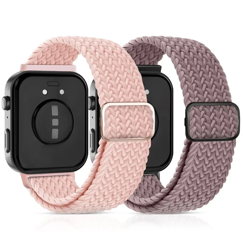 2-Stück Geflochtenes Bänder Kompatibel mit Huawei Watch Fit 4/4 Pro/Fit 3 Armband, Elastisch Nylon Armbänder Zubehör Weiches Stoff Uhrenarmband für Damen Herren,Rosa+Violett