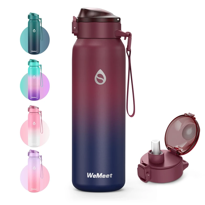 WEMEET Thermosflasche mit Abnehmbarem Strohhalm 700ml, 18/10 Edelstahl Isolierflasche, BPA-frei Wasserflasche mit Tritan Deckel, Perfekt für Outdoor Sport, Arbeit, Reisen, Schule(Rot Schwarz)