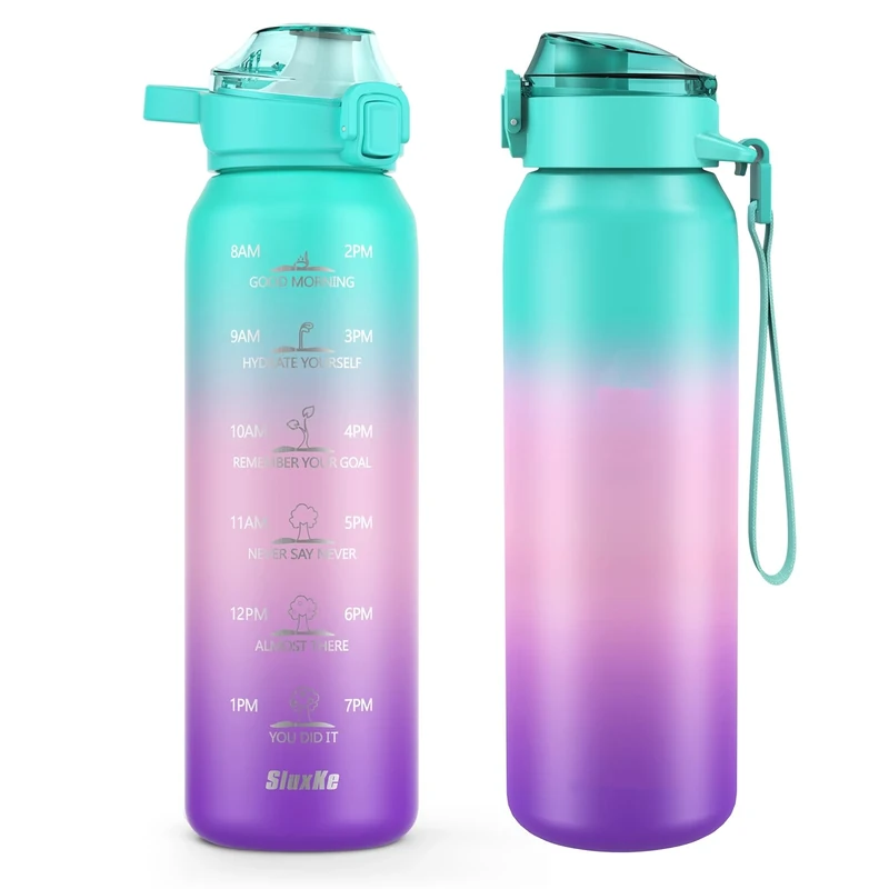SLUXKE 700ml Thermosflasche mit 2 Deckeln (Strohhalm und Ausgießer), Trinkflaschen aus 18/10 Edelstahl mit Griff, 700ml Vakuumisolierte Flasche für Männer, Frauen, Kinder GRÜN PINK PURPEL