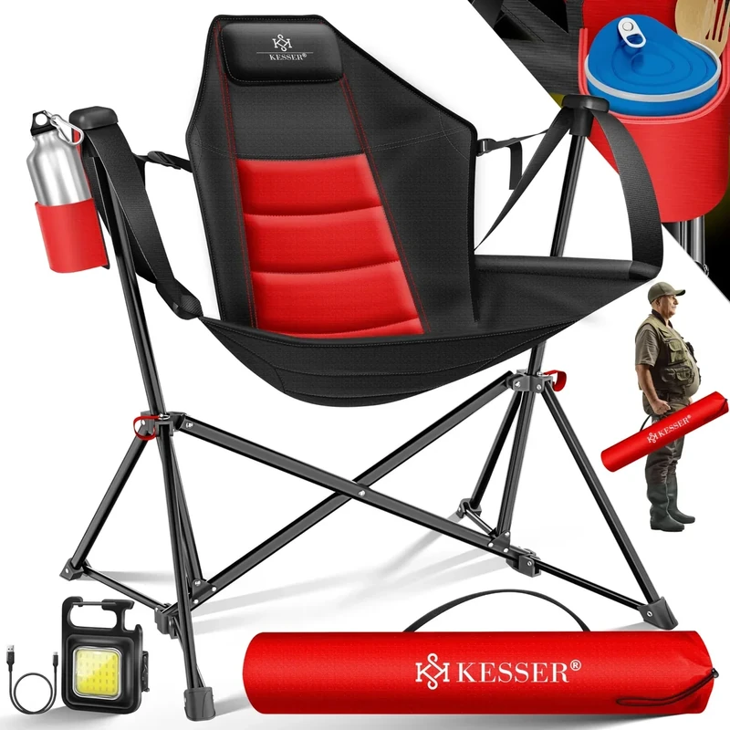 KESSER® Campingstuhl faltbar Schaukelstuhl bis 160 kg | Angelstuhl Faltstuhl Klappstuhl Gepolstert mit hoher Rückenlehne | Inkl. Campinglicht & Getränkehalter | Strandstuhl mit Wippfunktion, Rot