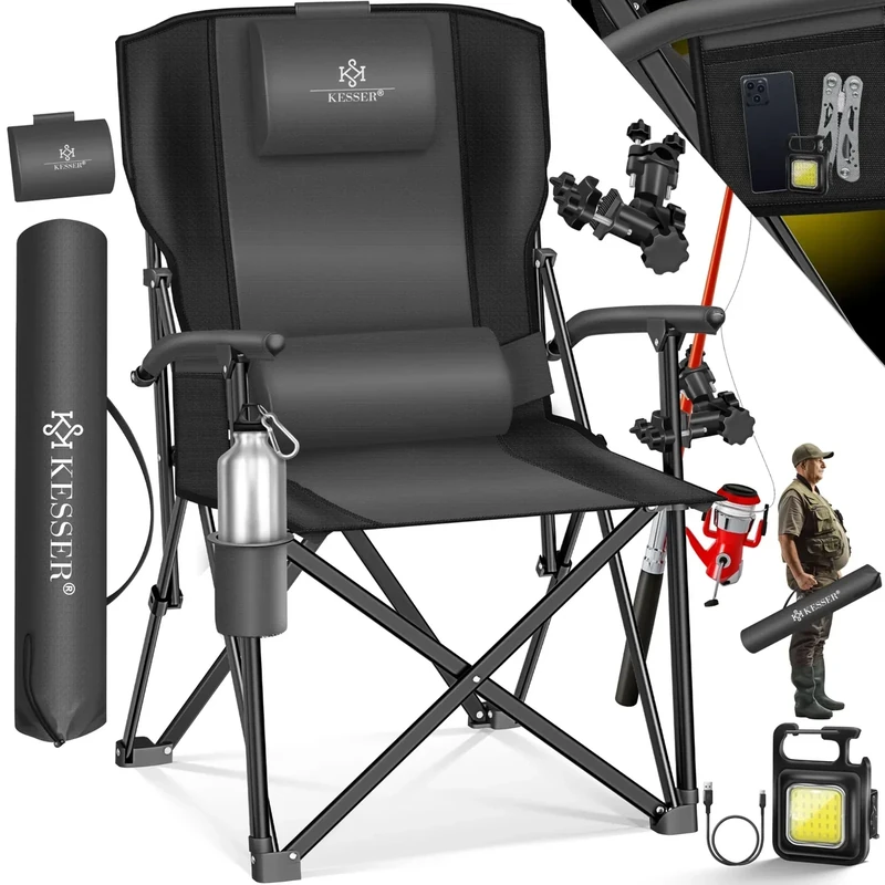 KESSER® Campingstuhl faltbar bis 160 kg | Angelstuhl Faltstuhl Klappstuhl Gepolstert mit Armlehnen | Campinglicht und Getränkehalter + Tasche mit hoher Rückenlehne | Strandstuhl mit Angelhalterung