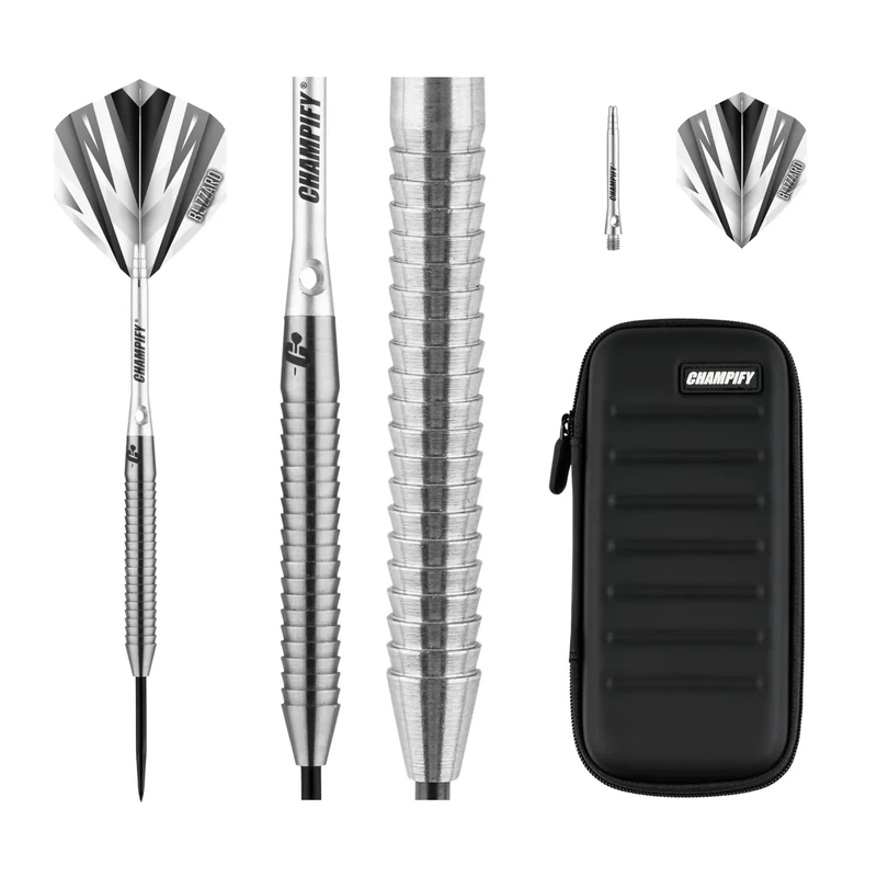 Champify® 90% Tungsten Darts Set “Blizzard” mit 23g Barrel und schwarzer Darttasche| 3 Steeldarts mit 9 Alu-Schäften & 9 Flights | Dart Set mit Zubehör | Dartpfeile mit Metallspitze