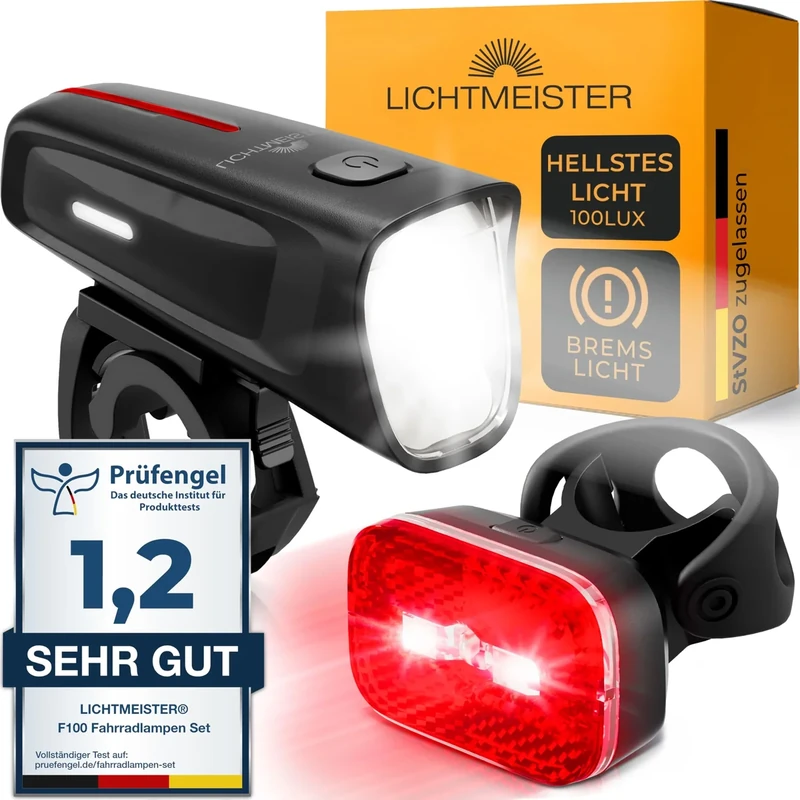 LICHTMEISTER® Fahrradlicht 100 Lux - 2000 mAh Akku - mit Reflektor und Bremslicht - StVZO zugelassen, USB-C aufladbar & wasserfest - Fahrradlicht Set - LED Fahrradbeleuchtung - Fahrrad Licht vorne