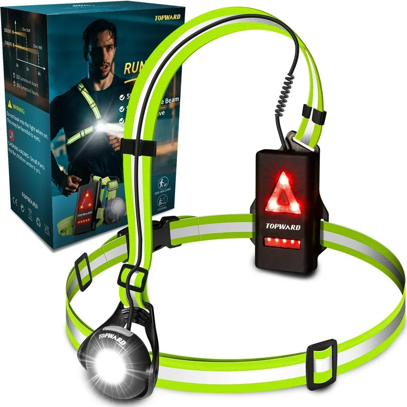 Topward Lauflicht, Lauflampe Joggen Brustlampe, 500 Lumen wiederaufladbar per USB-C, 90°Verstellbarer Abstrahlwinkel, 360°reflektierendes Band, wasserdicht, einstellbar, Laufen Licht Jogger Lampe
