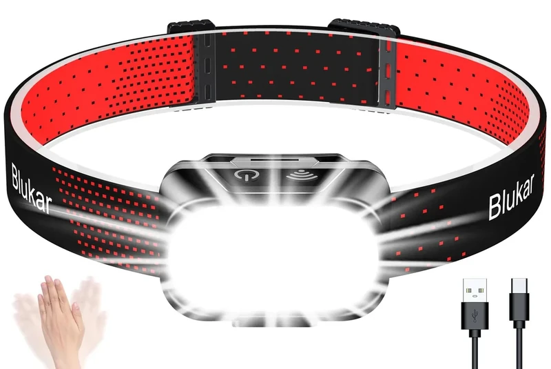 Blukar LED Stirnlampe Wiederaufladbar, Superhell 2000L Stufenlos Dimmbar Kopflampe mit 5 Normalmodi & 5 Sensormodi & Rotlicht, Leichtgewichtig Wasserdichte Mini Stirnleuchte für Camp, Angeln usw.