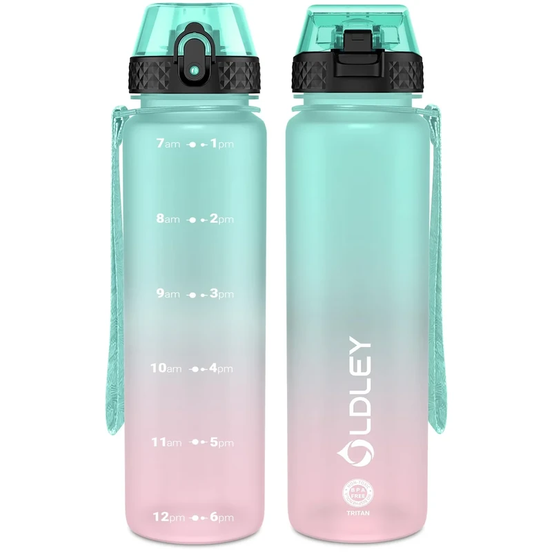 OLDLEY Sport-Wasserflasche mit Strohhalm, motivierend, BPA-frei, mit Zeitmarkierungen, auslaufsicher, Trink- und Verschlussabdeckung, wiederverwendbare Flasche für Sport, Radfahren, Fitnessstudio,
