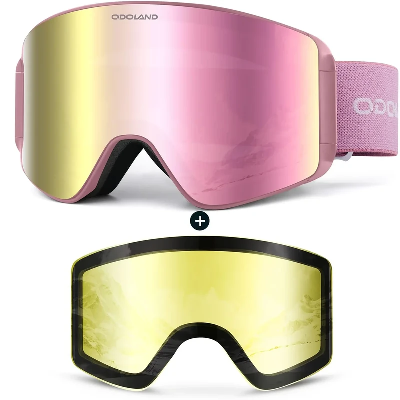 Odoland Skibrille für Damen und Herren Jungen Ski Goggles Anti-Fog UV-Schutz mit Magnetische Wechselglas Snowboardbrille Helmkompatible zum Snowboard Skifahren Rosa