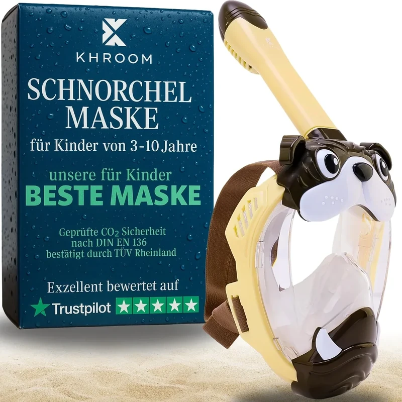 Khroom CO2 sichere Schnorchelmaske für Kinder ab 3 Jahren | geprüft* durch TÜV Rheinland | Vollgesichtsmaske zum Schnorcheln - Seaview Kids | Vollmaske Taucherbrille Tauchermaske (Hund)