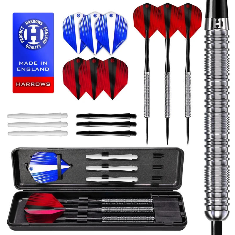 Harrows Caliber 90% Tungsten Steel Tip Darts Set I 21g bis 30g Alle Gewichte verfügbar I Riesiges 16-teiliges Bundle mit Ersatzschäften, Prime Flights & Reiseetui (26 Grams)