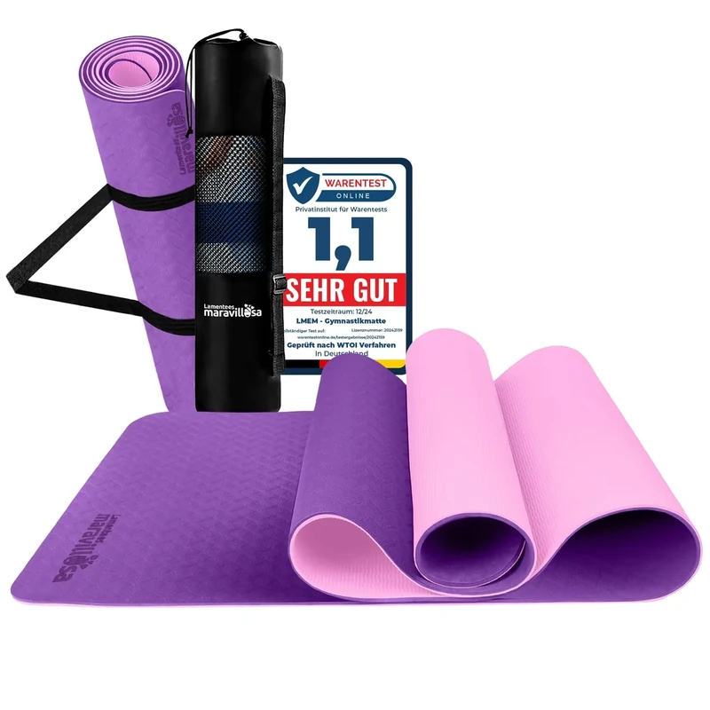 LA MENTE ES MARAVILLOSA - Gymnastikmatte, Rutschfest Yogamatte inkl. Tragegurt + Tasche + Übungs-E-Book, Gepolstert, Hautfreundliches TPE für Fitness/Pilates/Workout 183x61 cm (Lila/Rosa ohne Design)