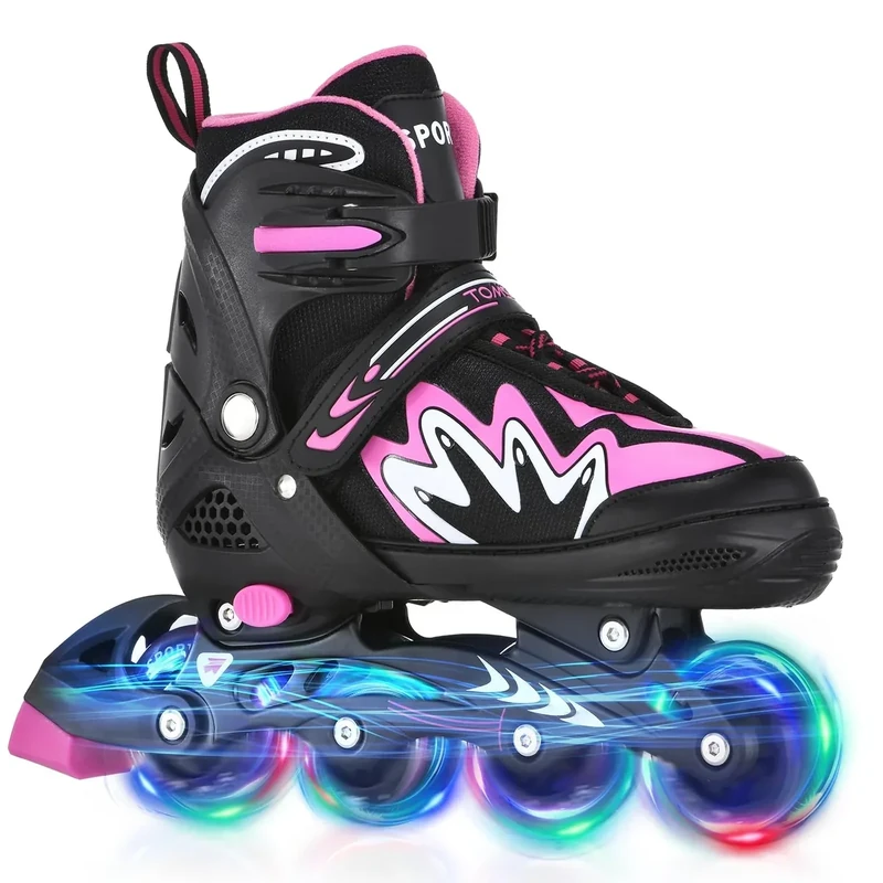 TOMSHOO Rollschuhe, Inliner Roller Skates mit 4 Größen Verstellbar, LED Rädern, Mehrere Größenoptionen, Inlineskates für Kinder Erwachsene Jungen Mädchen, Schwarz & Rosa, L