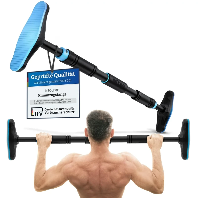 NEOLYMP Klimmzugstange Türrahmen ohne Schrauben mit Pull up Bar E-Book - Klimmzugstange verstellbar 70-100 cm mit Gewindesperre für sicheren Halt bis zu 200kg (Blau)
