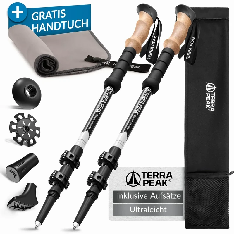Terra Peak Wanderstöcke Teleskop Aluminium ausziehbar, Ultra-leicht - Trekkingstöcke & Nordic Walking Stöcke verstellbar Damen & Herren mit Gummipuffer - Kork-Griff Wander-Stock & Hiking Poles
