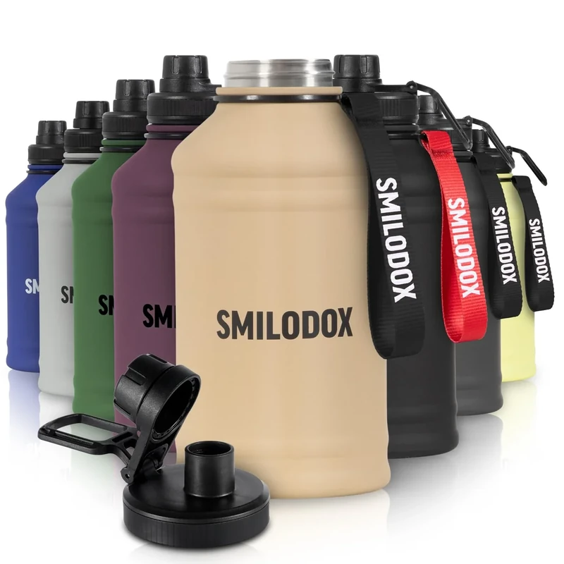 SMILODOX Edelstahl Trinkflasche 2,2 Liter - Extra Stark Sport & Fitness Wasserflasche mit Druckverschluss - BPA-freie Metal Sportflasche für Fitnessstudio, Bodybuilding, Outdoor, Wandern & Büro