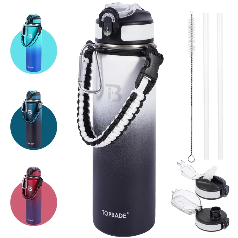 TOPBADE 700ml Edelstahl Trinkflasche Sport mit 2 Deckel (Strohhalm/no Strohhalm), 0.7L BPA-Frei Auslaufsichere Kinder Flasche mit Paracord Griff, Kohlensäure geeignet Wasserflasche Thermo für,Schule,