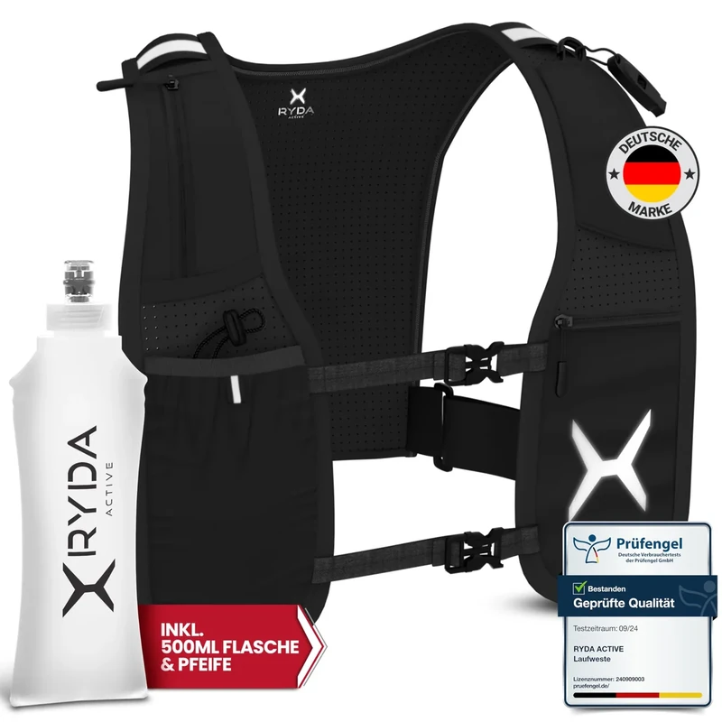 RYDA ACTIVE® Laufweste Damen & Herren | Ultraleicht, reflektierend & universell verstellbar | mit Trinkflasche & Sicherheitsetikett | ideal für Joggen, Laufen, Trail, Marathon & Wandern