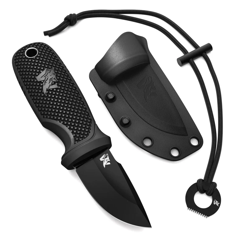 ODENWOLF W-MINI Neck Knife aus D2 Stahl - Kleines EDC Messer Feststehend mit Holster und Feuerstahl - Outdoor Messer Klein und Handlich - Halskette