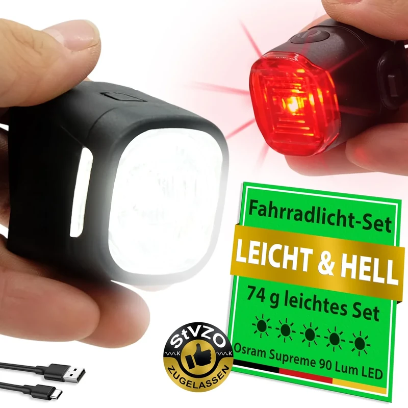 WIDDER Fahrradlicht Vorne & Hinten als Set [Sehr Hell 90 Lum LED] - Fahrrad Licht USB C Aufladbar - Fahrradlichterset Front & Rücklicht StVZO Zugelassen - Fahrradbeleuchtung Rennrad MTB Kinderfahrrad