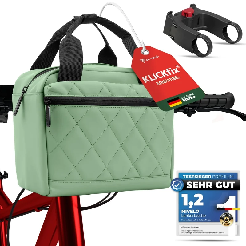 MIVELO Lenkertasche Fahrrad für KLICKfix inkl. Adapter - Fahrradtasche Lenker - wasserabweisend & geräumig - Lenkertasche - Tasche Lenker - E-Bike tauglich (Mint mit Adapter)