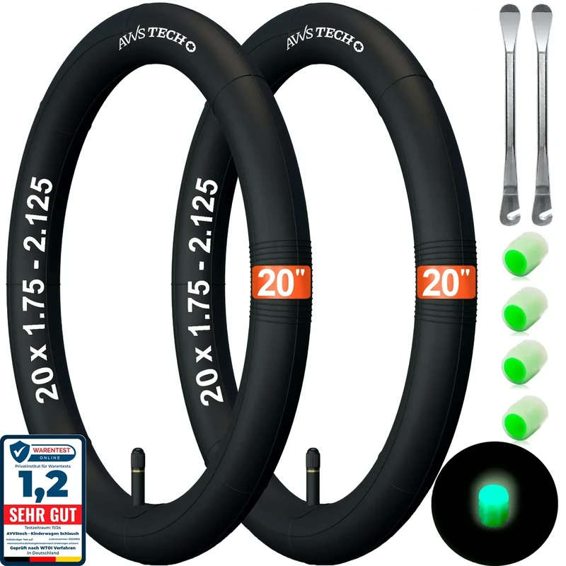 Fahrradschlauch 20 Zoll | 20x1.75-2.125 (47/62-406) Premium-Set Butyl Schlauch 20" Autoventil AV 32 für Kinderfahrrad, BMX, Klapprad, Fahrradanhänger, Faltreifen & Anhänger inkl. 2 Montierhebel