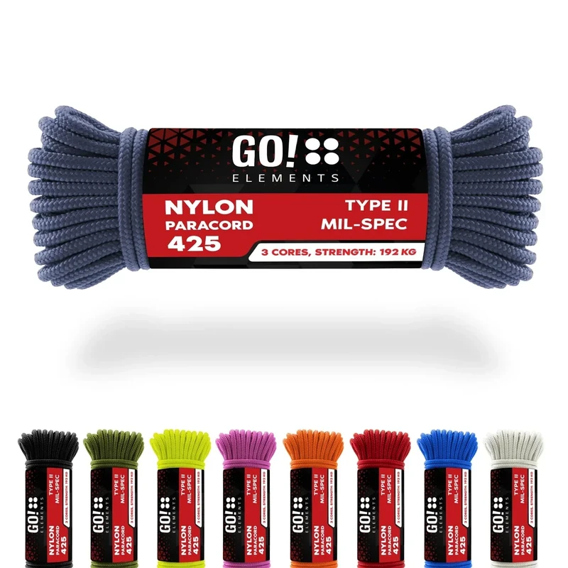 GO!elements 15m Paracord Seil aus reißfestem Nylon - 3mm Paracord 425 Typ II max. 192kg - Schnüre als Outdoor Seil, Allzweckseil, Survival Seil, Armband, Hundeleine, Nylonschnur, Farbe: Grau-Blau