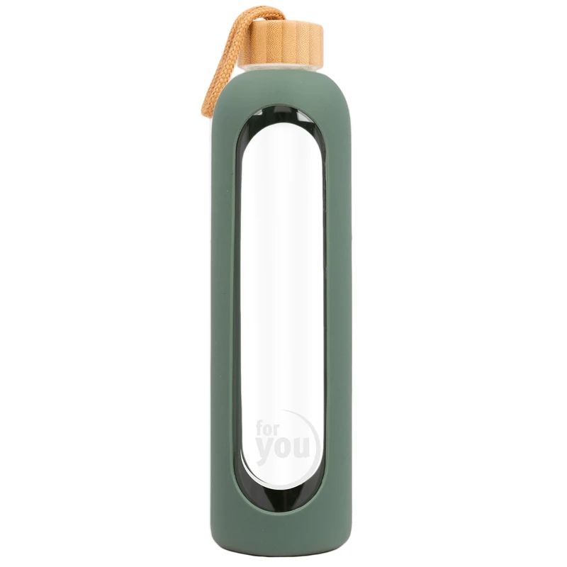 for you Nachhaltige Trinkflasche green olive - 750ml aus Glas + Silikonhülle - spülmaschinenfest - 0,75Liter Auslaufsichere Wasserflasche mit Bambusdeckel - 100% BPA frei - geeignet von -20°C – 150°C