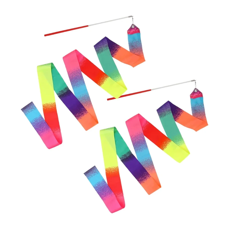 FuzlPnag 2m Bänder für Gymnastik,2 Stück Tanzband,Regenbogenfarben Gymnastikband mit Stab,für Kinder Rhythmische Sportgymnastik,Kindertanz,künstlerische Tanztraining,Talentshow,Zirkus