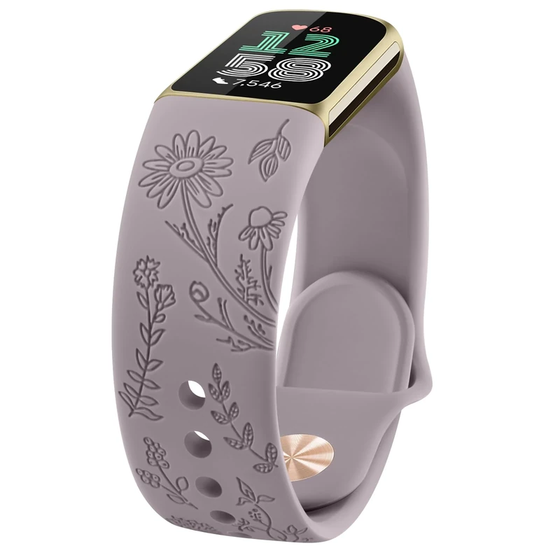 AK für Fitbit Charge 6/Fitbit Charge 5 Armband Damen Herren, Weiches Wasserdichtes Silikon Armbänder Gravierter Ersatzarmband mit floralem Muster für Fitbit Charge 5/Fitbit Charge 6