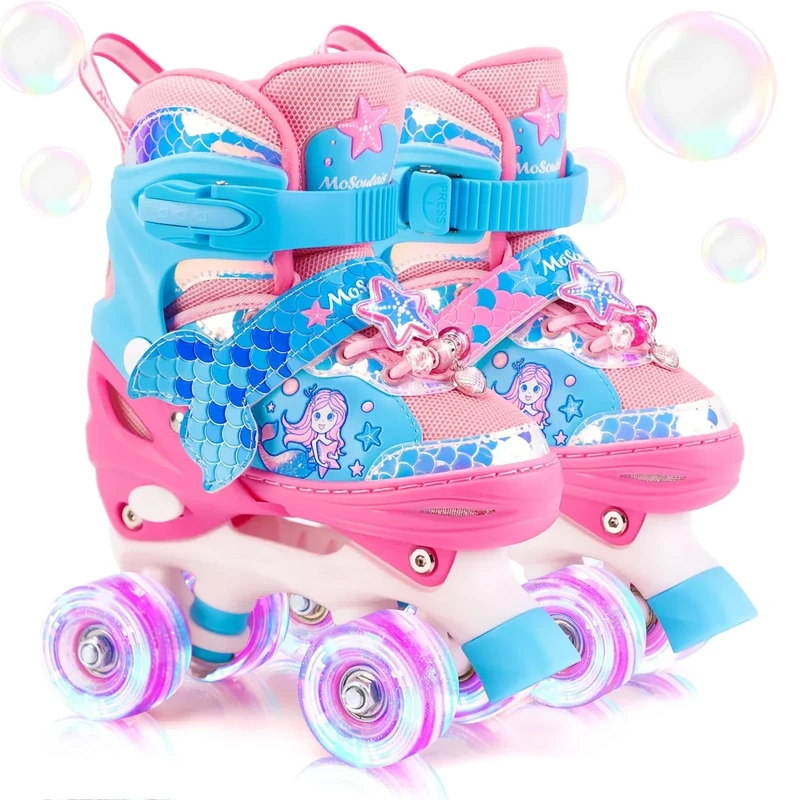 Meerjungfrau Kinder Rollschuhe für Mädchen 4 Größen Verstellbar Mit Leuchtenden Rädern Roller Skates für Anfänger Weihnachts und Geburtstags Geschenke