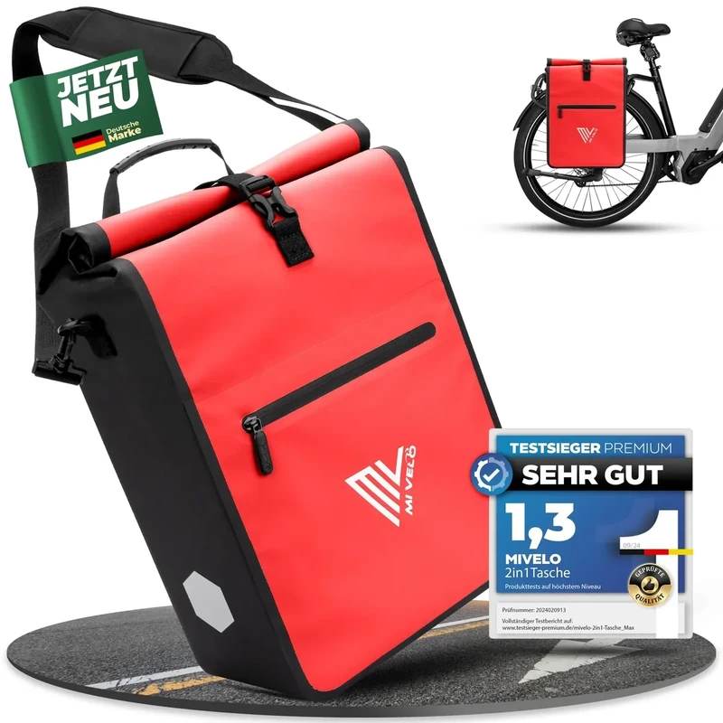 MIVELO 2in1 Fahrradtasche für Gepäckträger Gepäckträgertasche 100% wasserdicht Fahrrad Tasche für Gepäckträger (Rot, 25L)