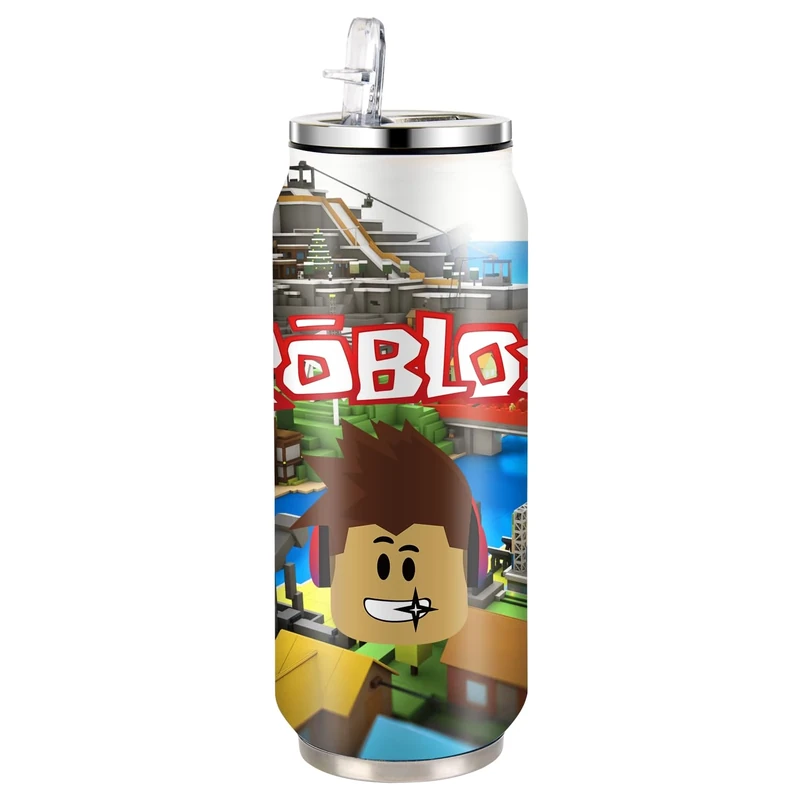 MAJEQZGY Roblox Edelstahl Wasserflasche 500 ml Hochklappbare Sport flaschen aus Edelstahl mit Strohhalm Wiederverwendbarer Game Getränkebecher für Reisen Sport (Lächeln Der Stadt)