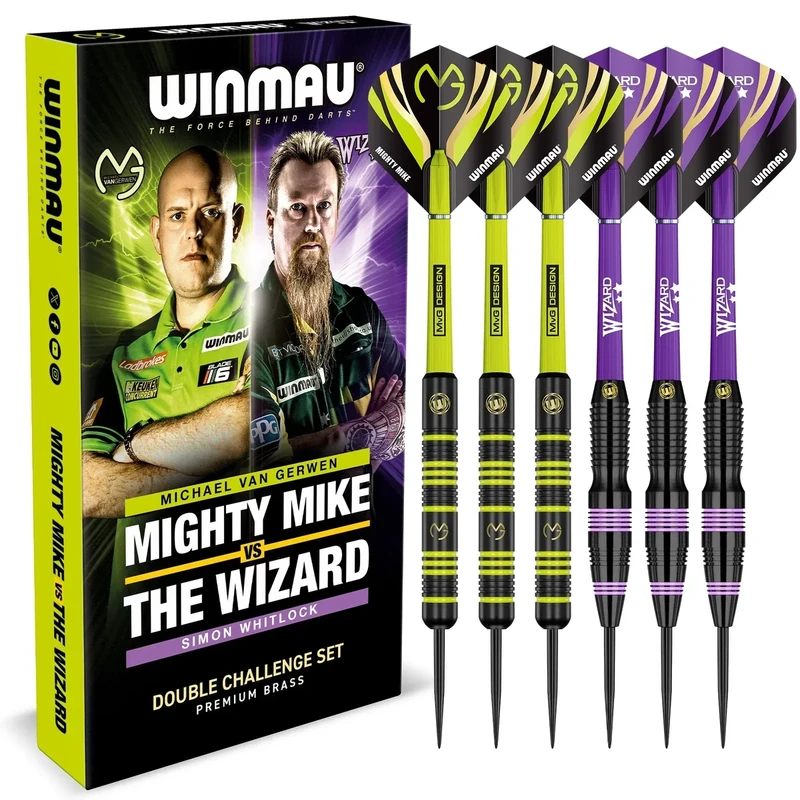 WINMAU Darts Michael „MvG“ Van Gerwen gegen Simon „The Wizard“ Whitlock | Doppelset | 22 g Steeltip-Messing-Dart-Set mit Flights und Schäften (Schäfte)